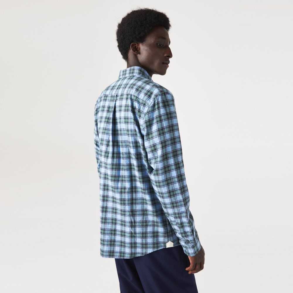 Blue / Green / Navy Blue Lacoste Regular Fit Check Print Flannel Shirt | TJNWKS-873