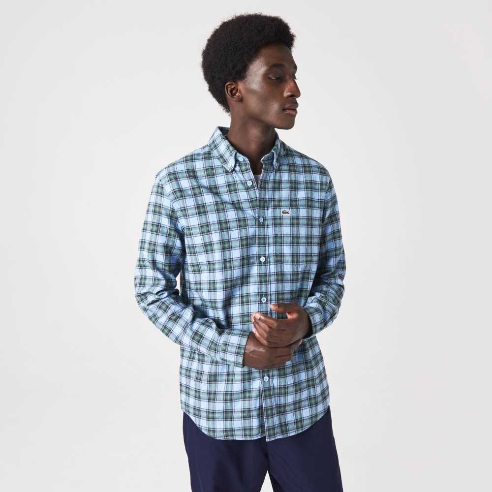 Blue / Green / Navy Blue Lacoste Regular Fit Check Print Flannel Shirt | TJNWKS-873