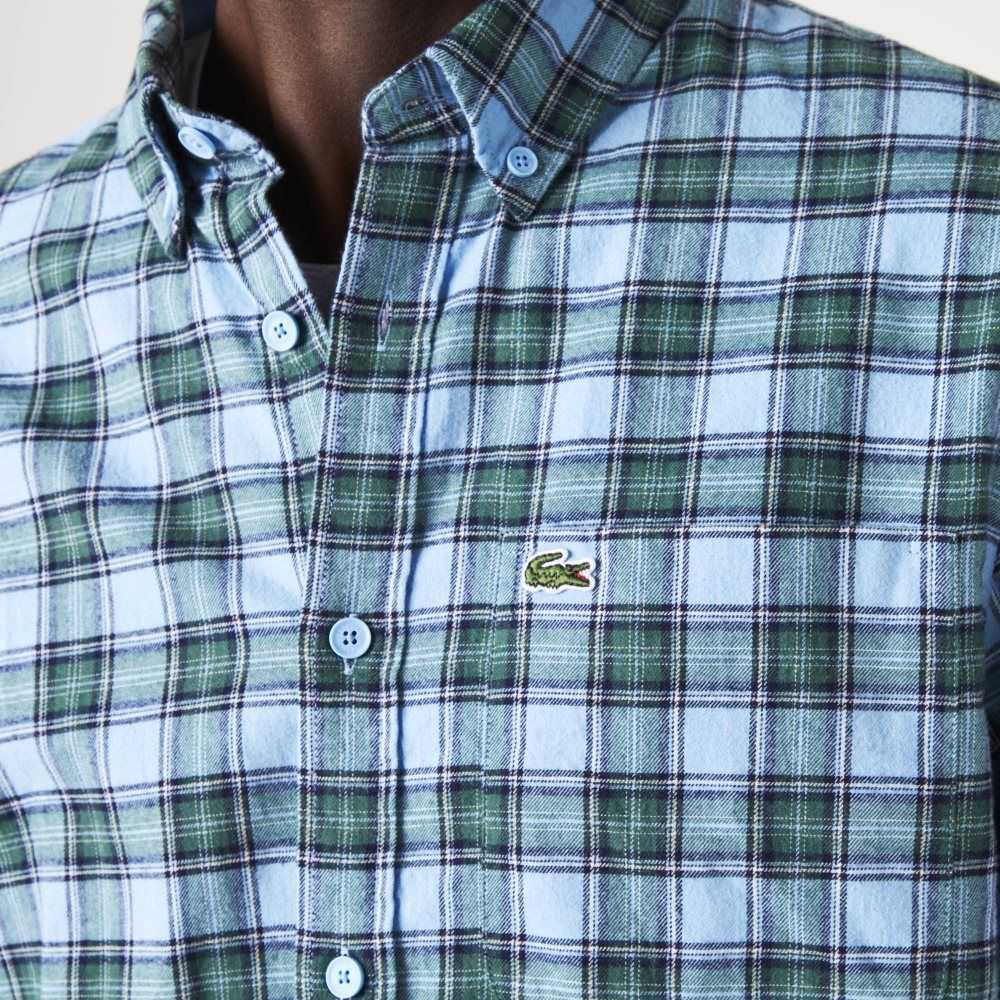 Blue / Green / Navy Blue Lacoste Regular Fit Check Print Flannel Shirt | TJNWKS-873