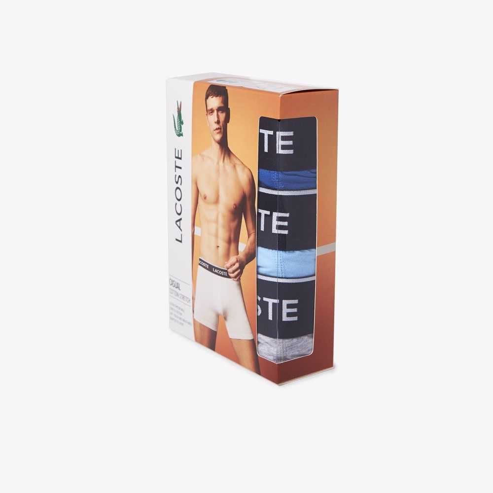 Blue / Grey Chine Lacoste Long Stretch Cotton Boxer Brief 3-Pack | KWMVBI-160