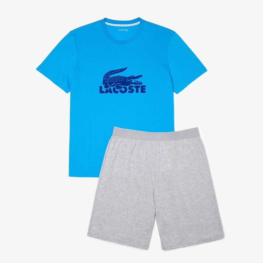 Blue / Grey Chine Lacoste Velvet Logo Short Pajama Set | DICMOE-270