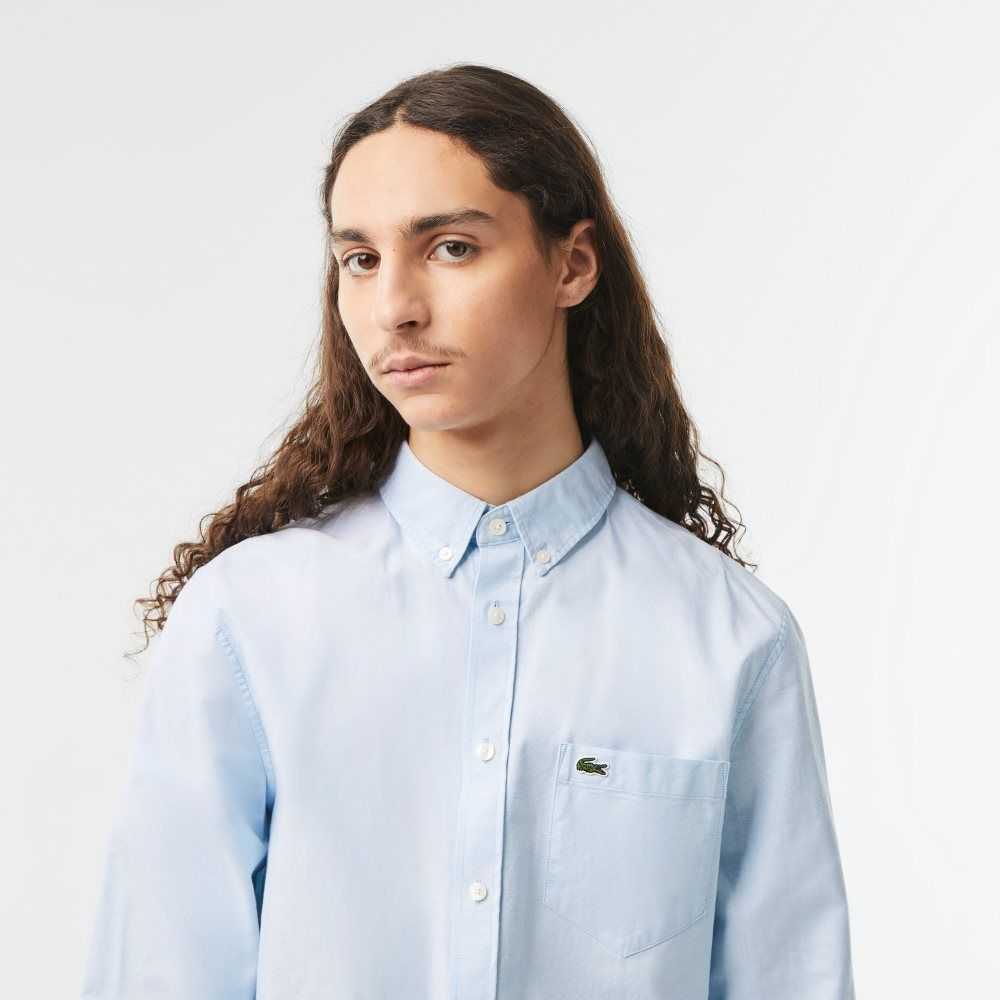 Blue Lacoste Buttoned Collar Oxford Cotton Shirt | HUBQJW-582