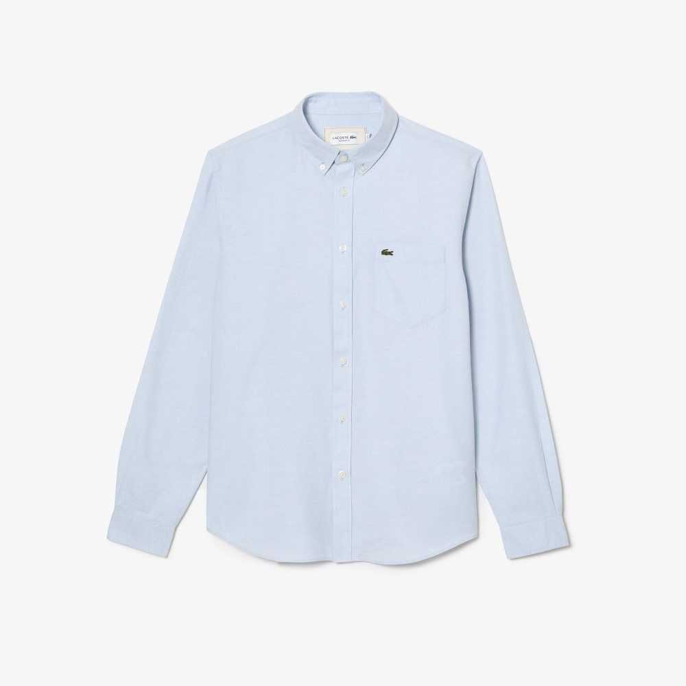 Blue Lacoste Buttoned Collar Oxford Cotton Shirt | HUBQJW-582