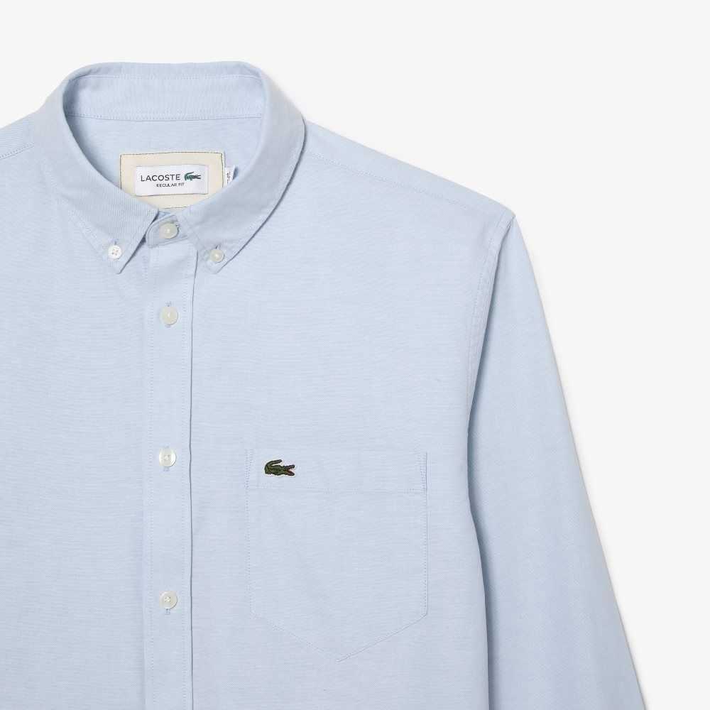 Blue Lacoste Buttoned Collar Oxford Cotton Shirt | HUBQJW-582