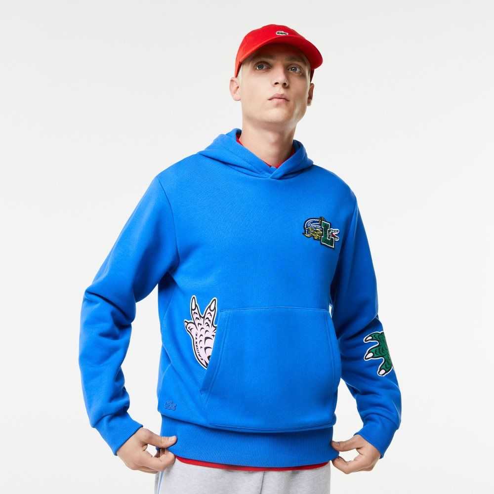 Blue Lacoste Comic Effect Print Hooded Sweatshirt | RSKDFX-503