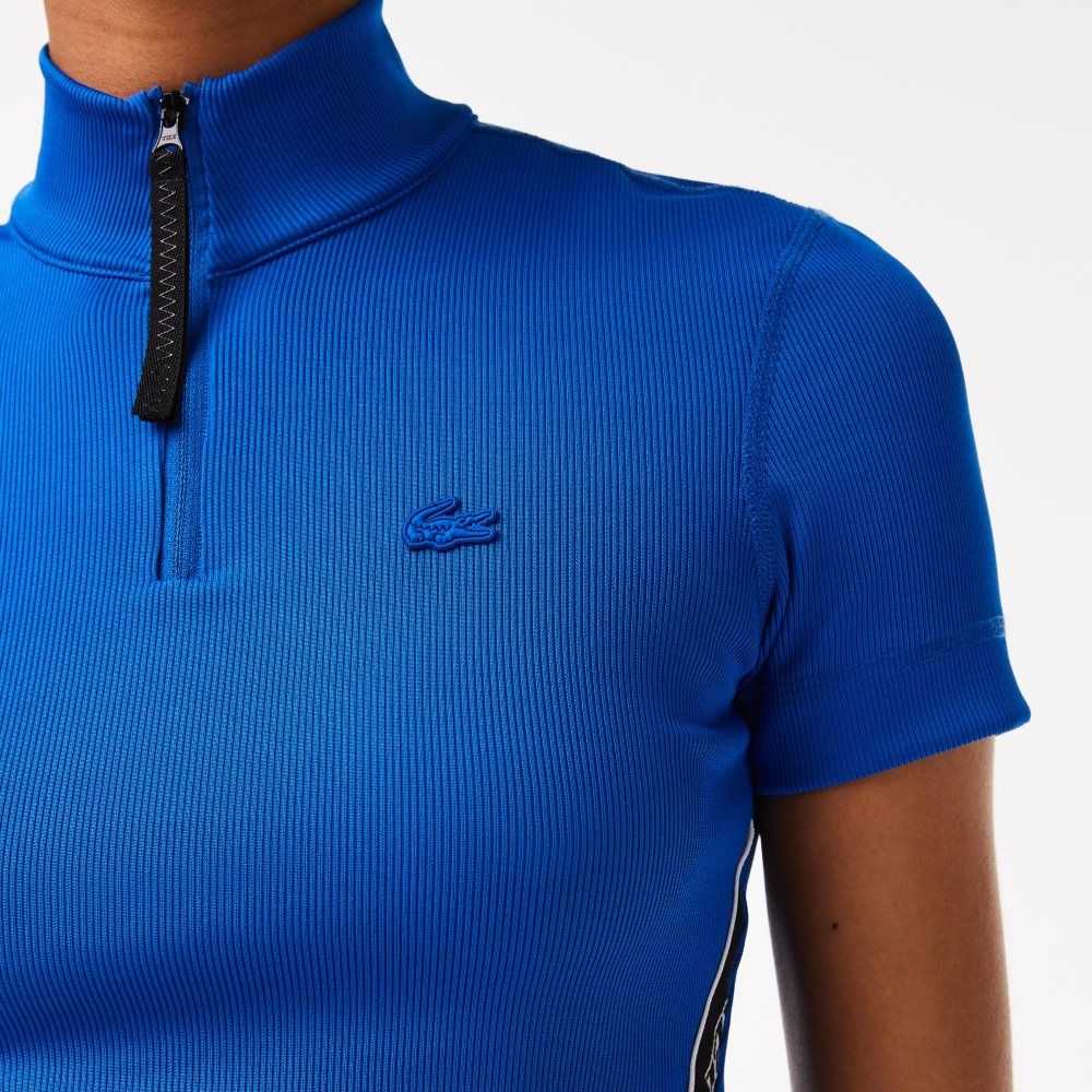 Blue Lacoste Contrast Bands Zip Neck Polo | CNAILX-810