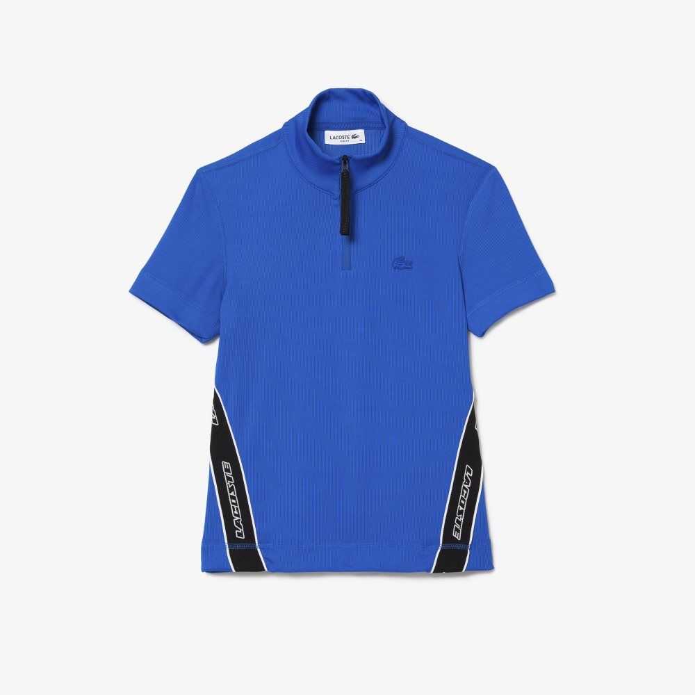 Blue Lacoste Contrast Bands Zip Neck Polo | CNAILX-810