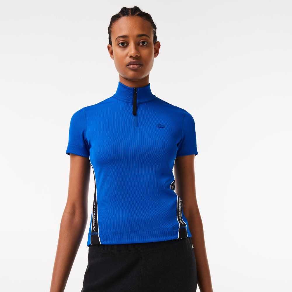 Blue Lacoste Contrast Bands Zip Neck Polo | CNAILX-810