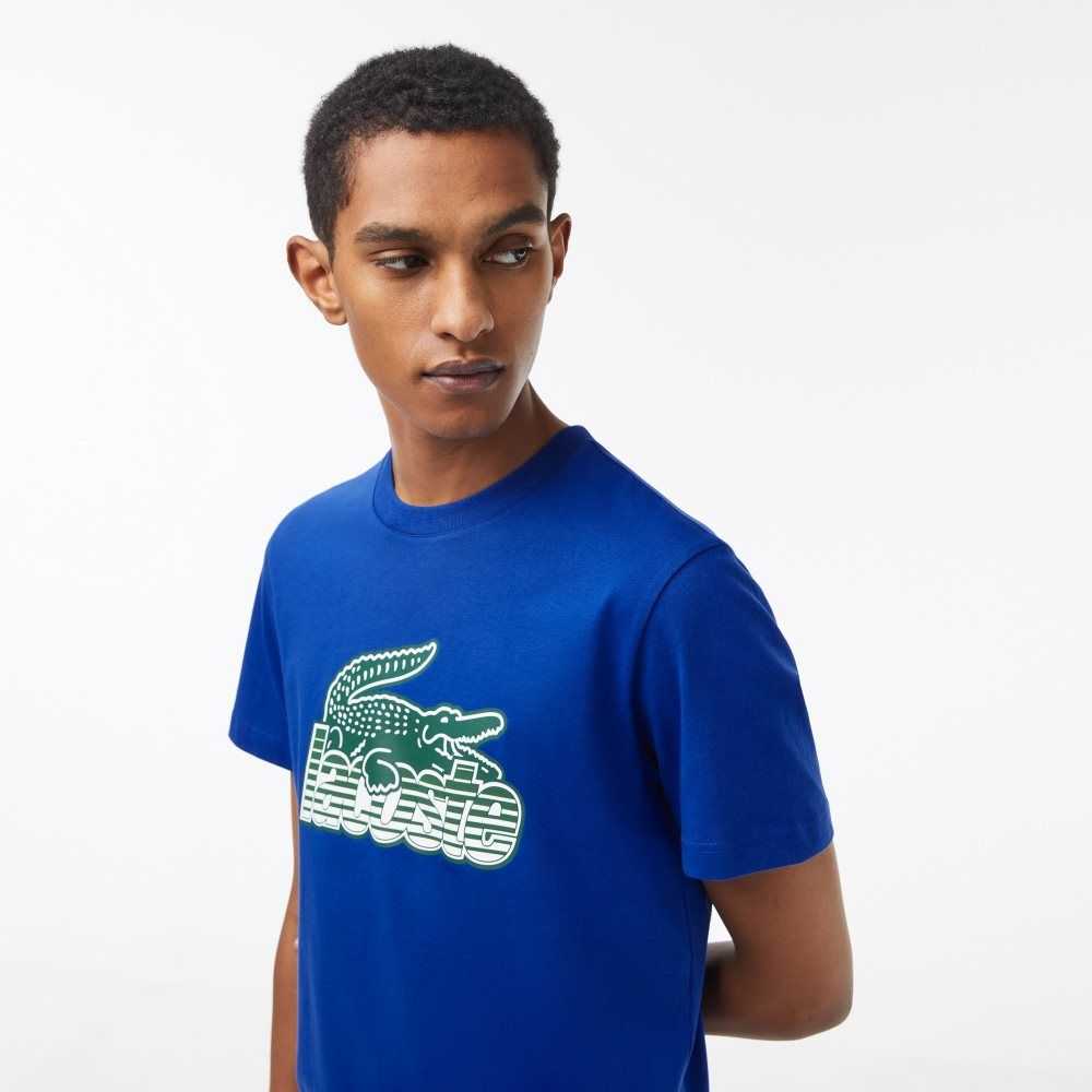 Blue Lacoste Cotton Jersey Print T-Shirt | IFUAZH-782