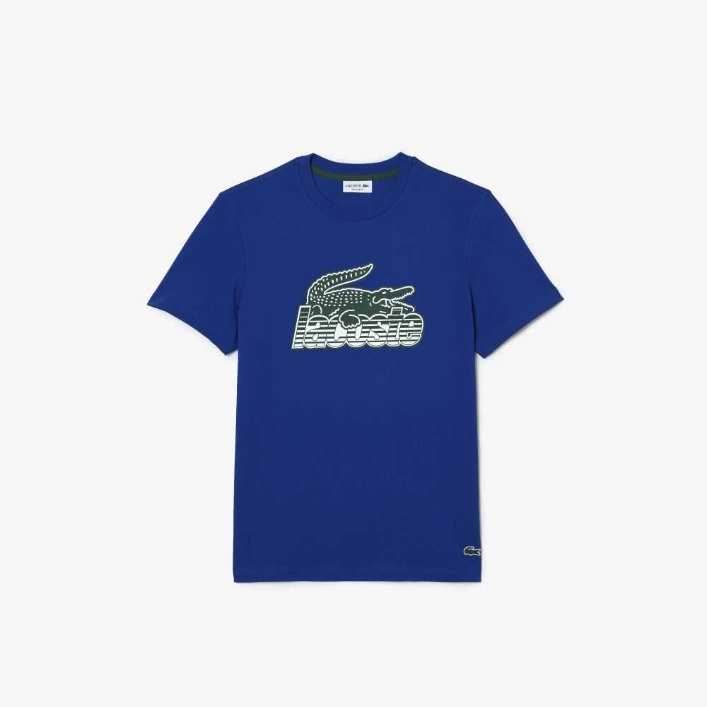 Blue Lacoste Cotton Jersey Print T-Shirt | IFUAZH-782