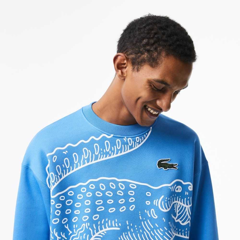 Blue Lacoste Crew Neck Loose Fit Croc Print Sweatshirt | DAUOBJ-912