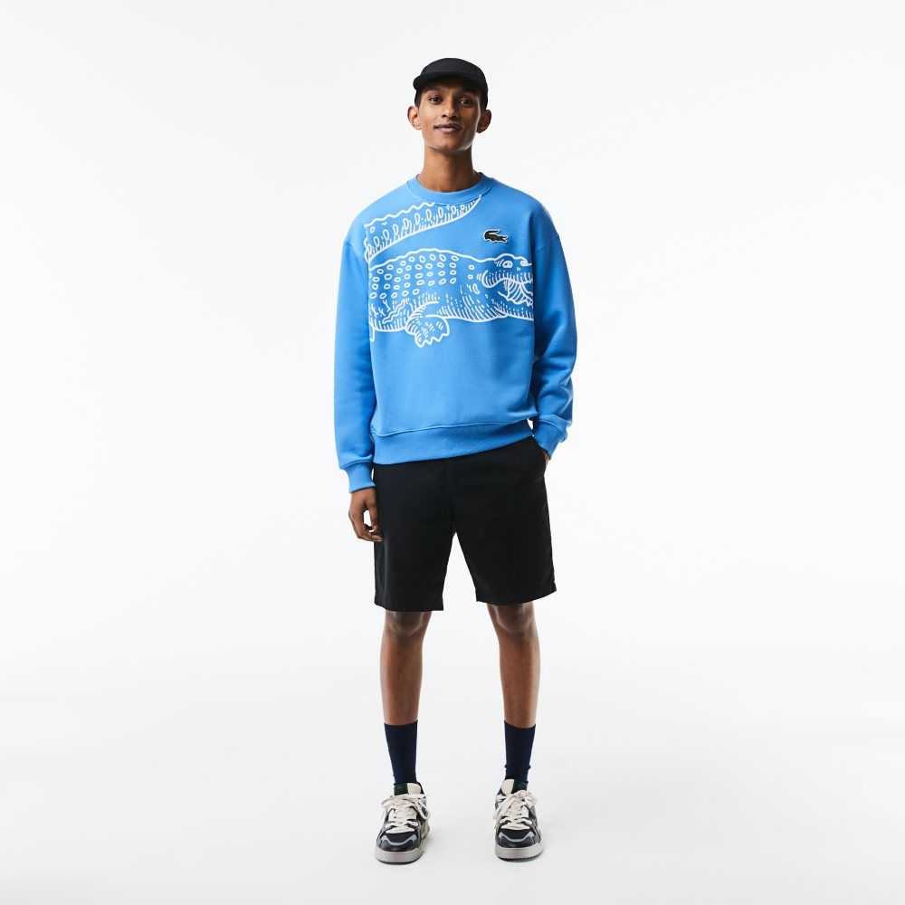 Blue Lacoste Crew Neck Loose Fit Croc Print Sweatshirt | DAUOBJ-912