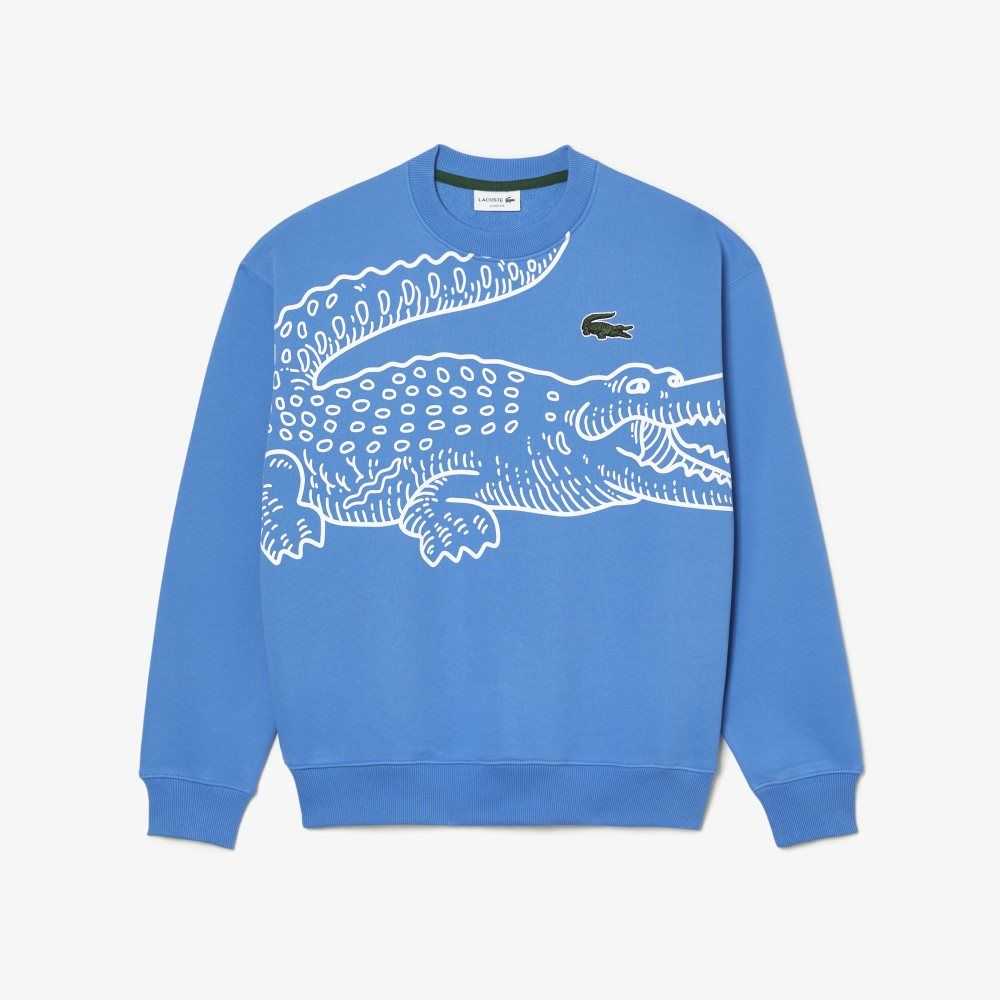 Blue Lacoste Crew Neck Loose Fit Croc Print Sweatshirt | DAUOBJ-912