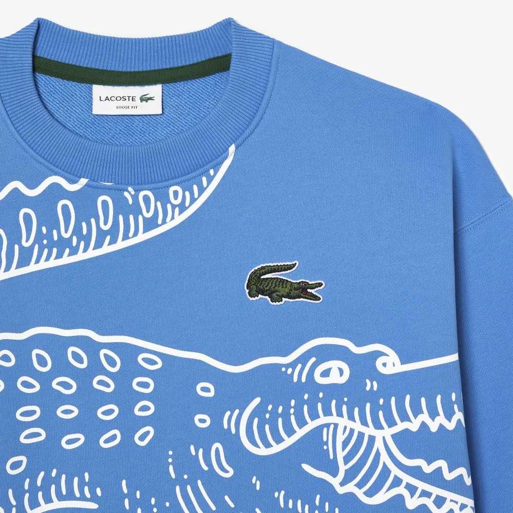 Blue Lacoste Crew Neck Loose Fit Croc Print Sweatshirt | DAUOBJ-912