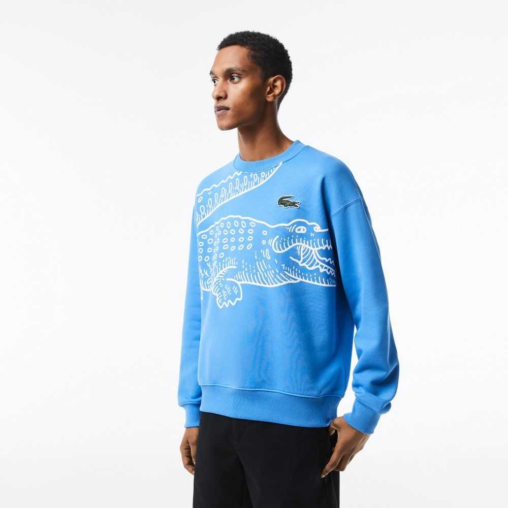 Blue Lacoste Crew Neck Loose Fit Croc Print Sweatshirt | DAUOBJ-912