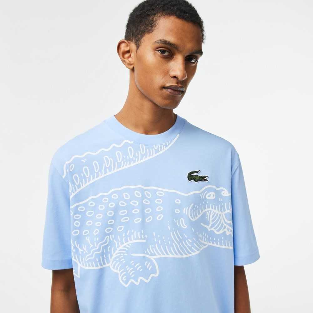 Blue Lacoste Crew Neck Loose Fit Crocodile Print T-Shirt | HVPGDM-450