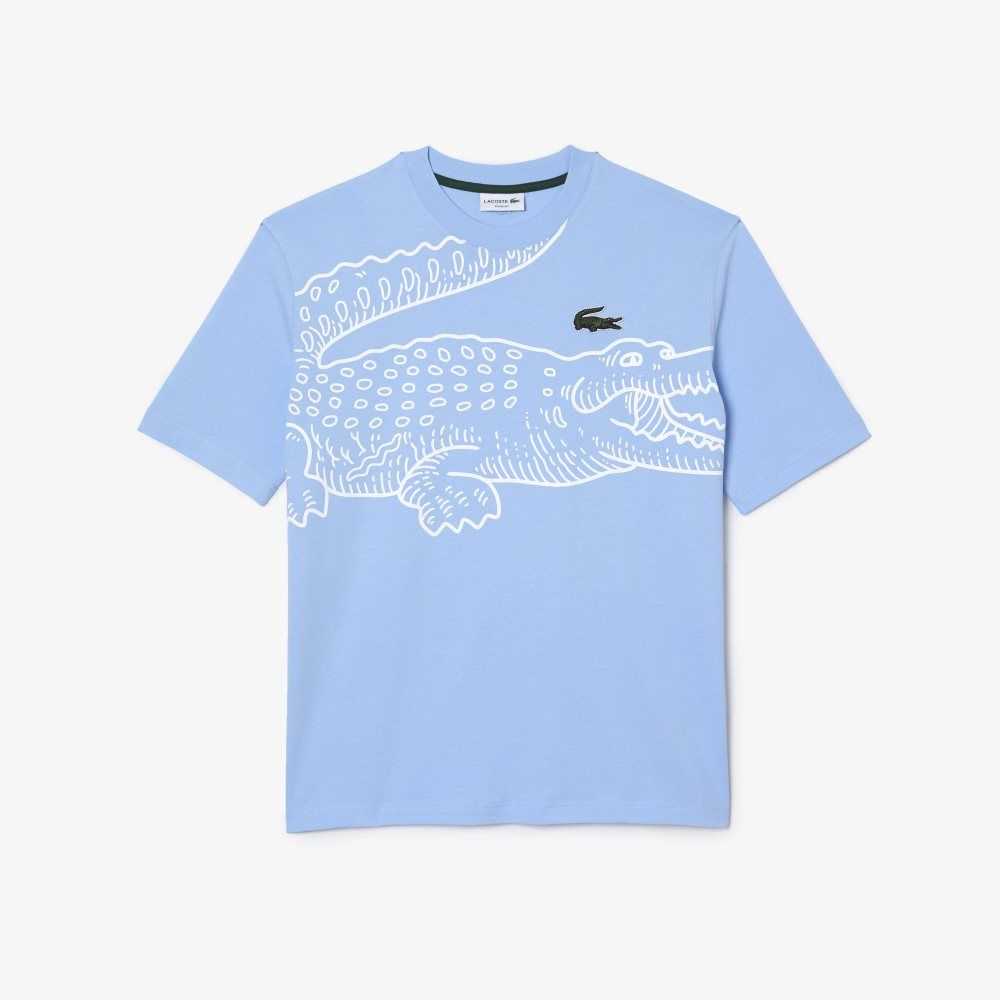 Blue Lacoste Crew Neck Loose Fit Crocodile Print T-Shirt | HVPGDM-450