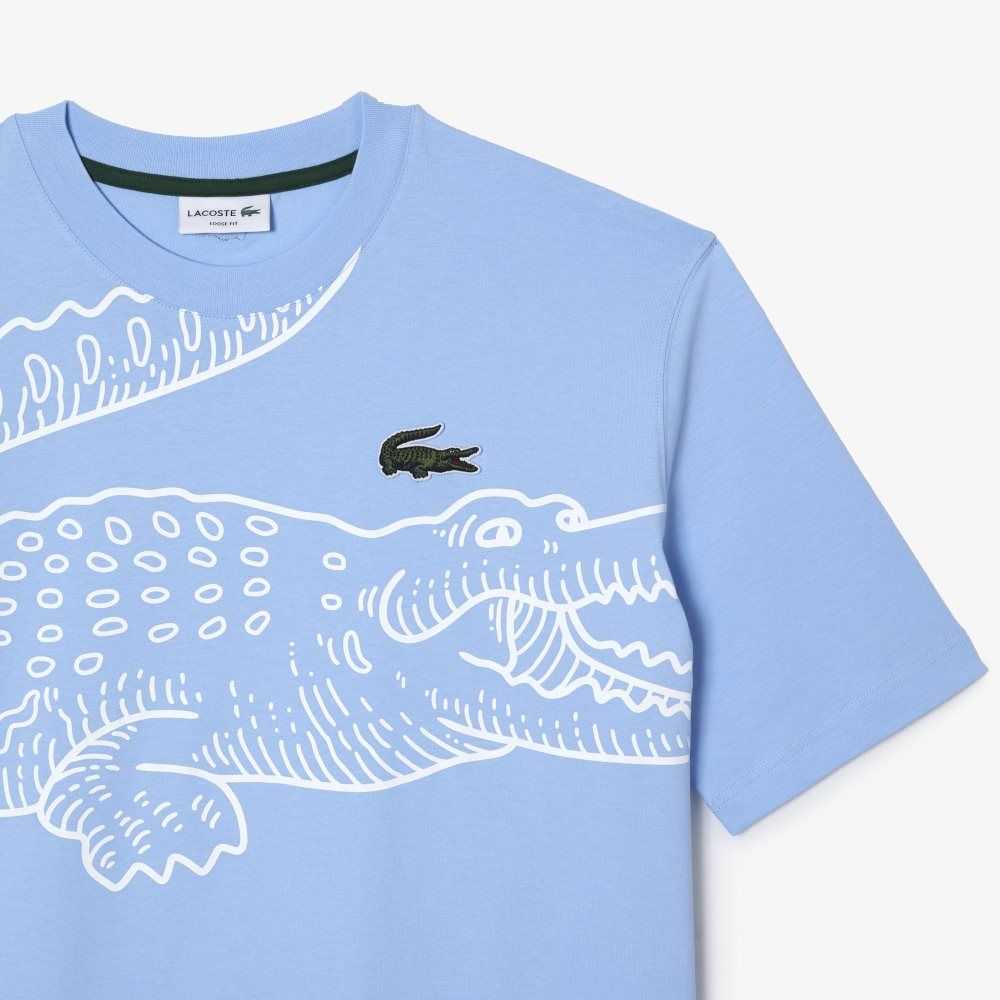 Blue Lacoste Crew Neck Loose Fit Crocodile Print T-Shirt | HVPGDM-450