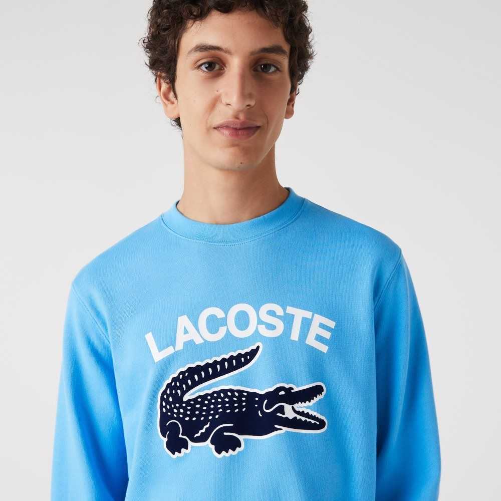 Blue Lacoste Crocodile Print Crew Neck Sweatshirt | AHLCRE-380