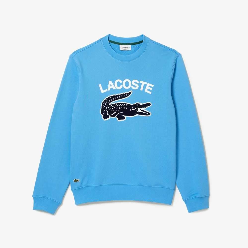 Blue Lacoste Crocodile Print Crew Neck Sweatshirt | AHLCRE-380