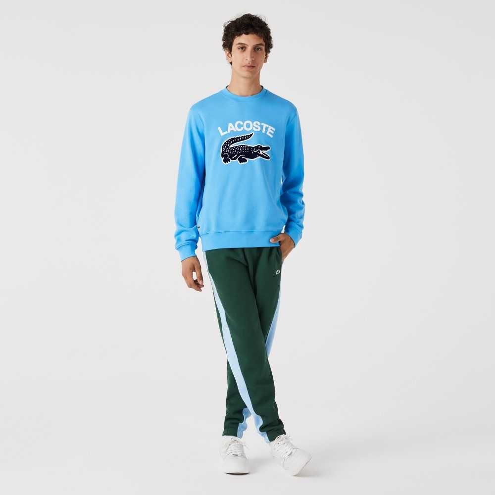 Blue Lacoste Crocodile Print Crew Neck Sweatshirt | AHLCRE-380