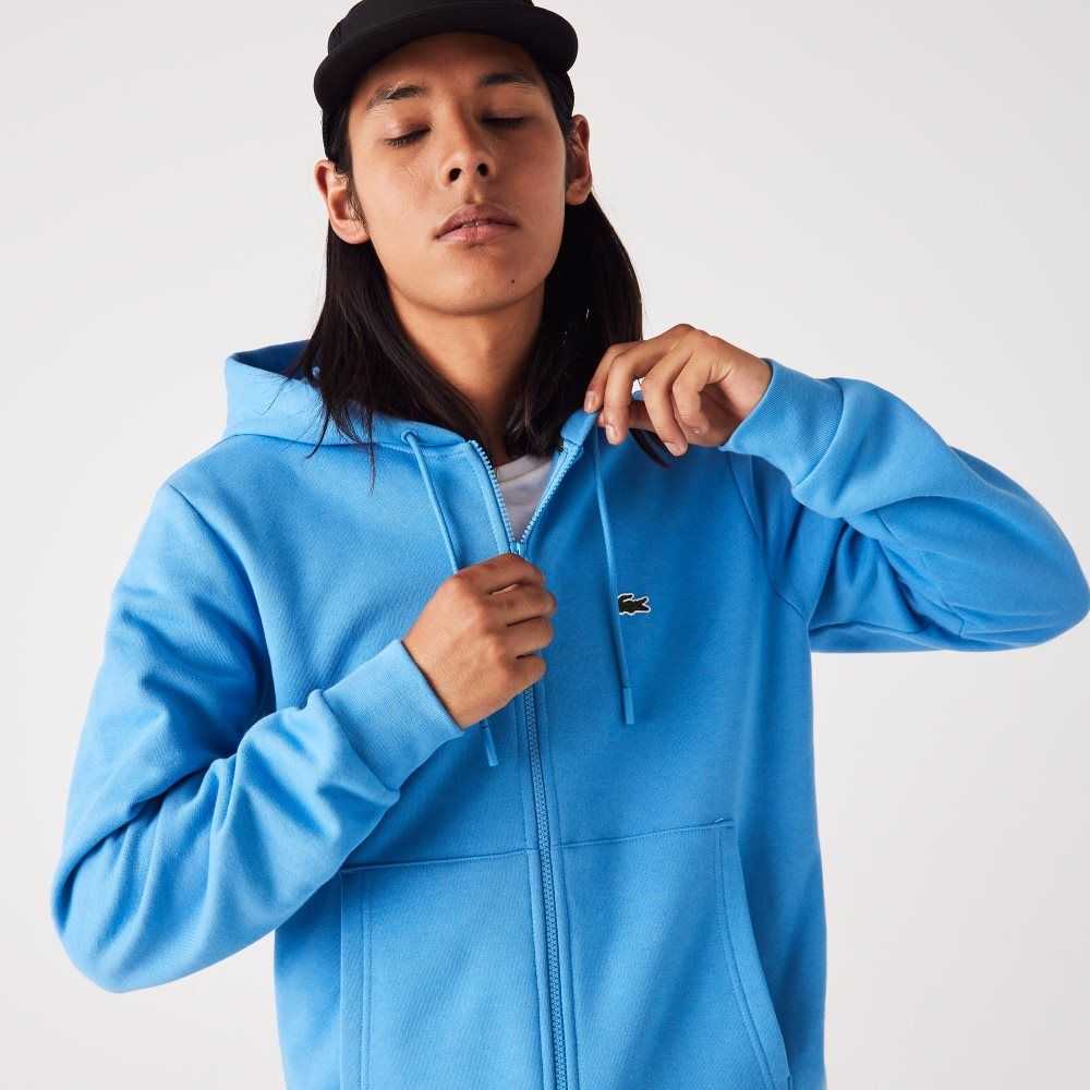 Blue Lacoste Kangaroo Pocket Fleece Zipped Sweatshirt | ESCJDV-689