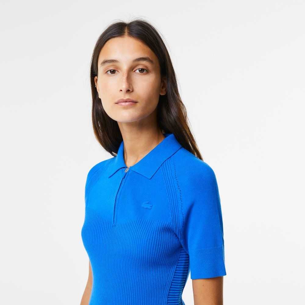 Blue Lacoste Knit Details Front Zip Dress | DLHAUP-389