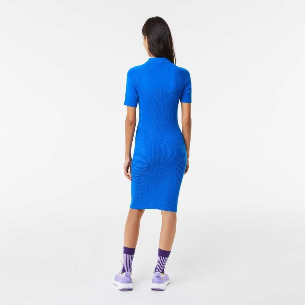 Blue Lacoste Knit Details Front Zip Dress | DLHAUP-389