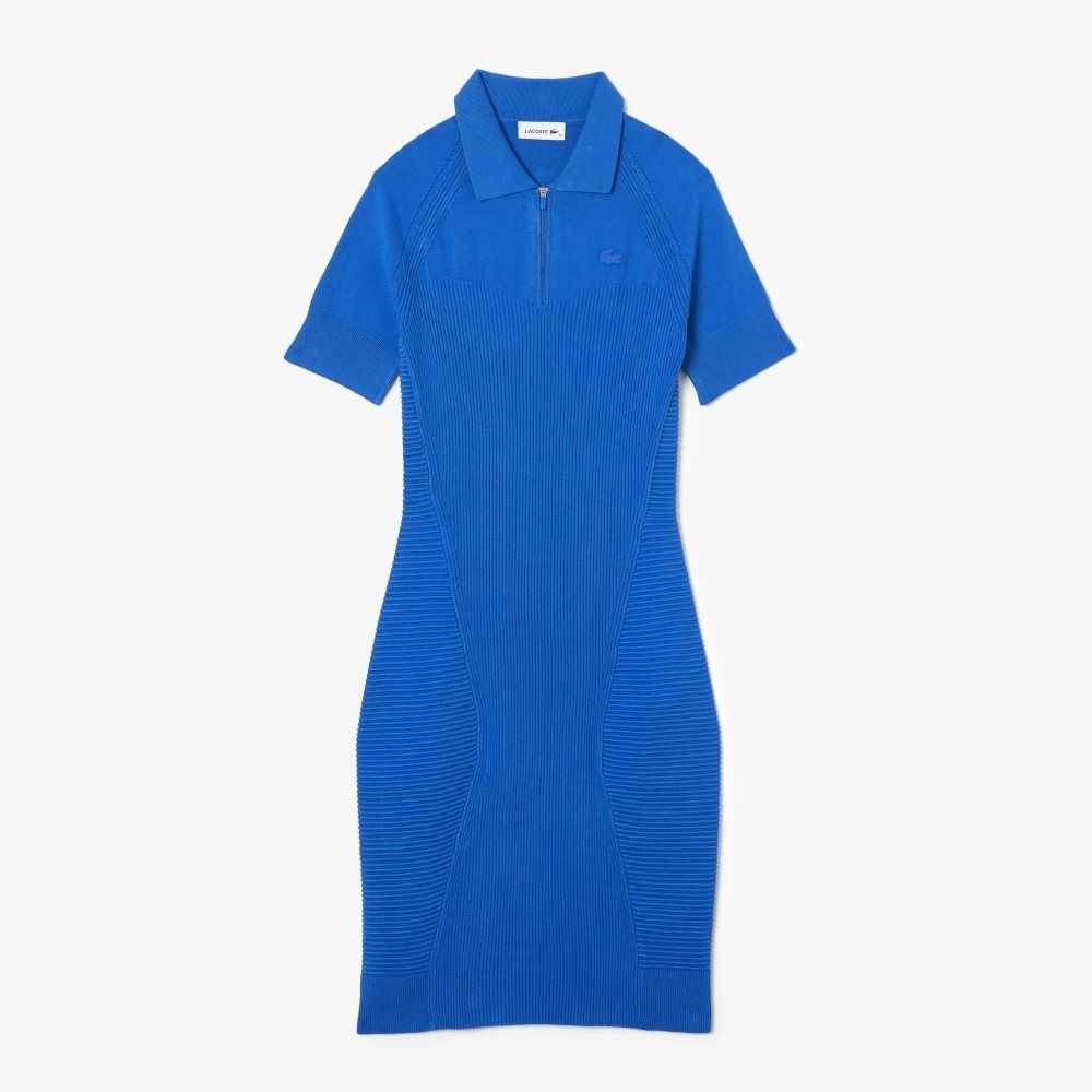 Blue Lacoste Knit Details Front Zip Dress | DLHAUP-389