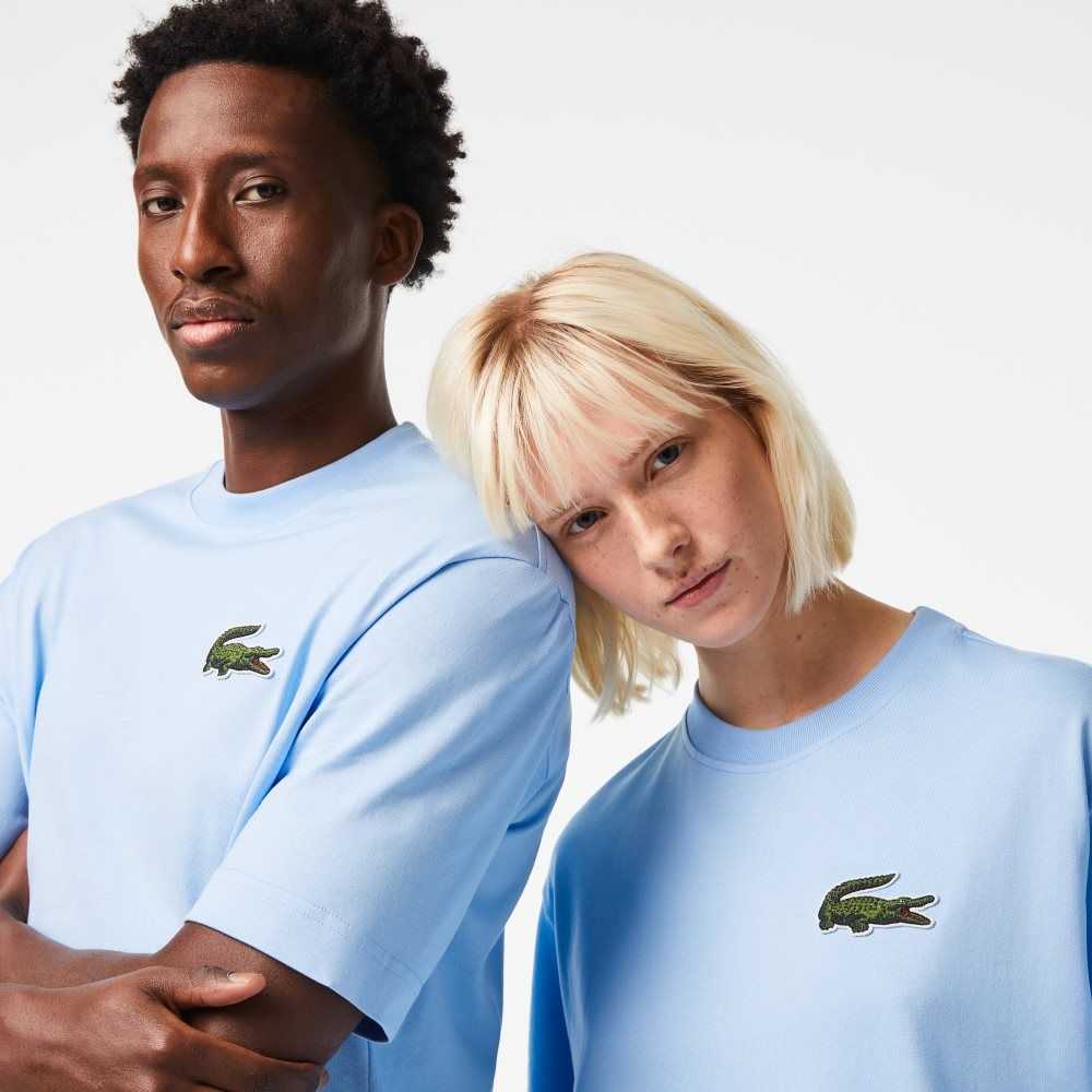 Blue Lacoste Loose Fit Large Crocodile Organic Cotton T-Shirt | RJCWNZ-362