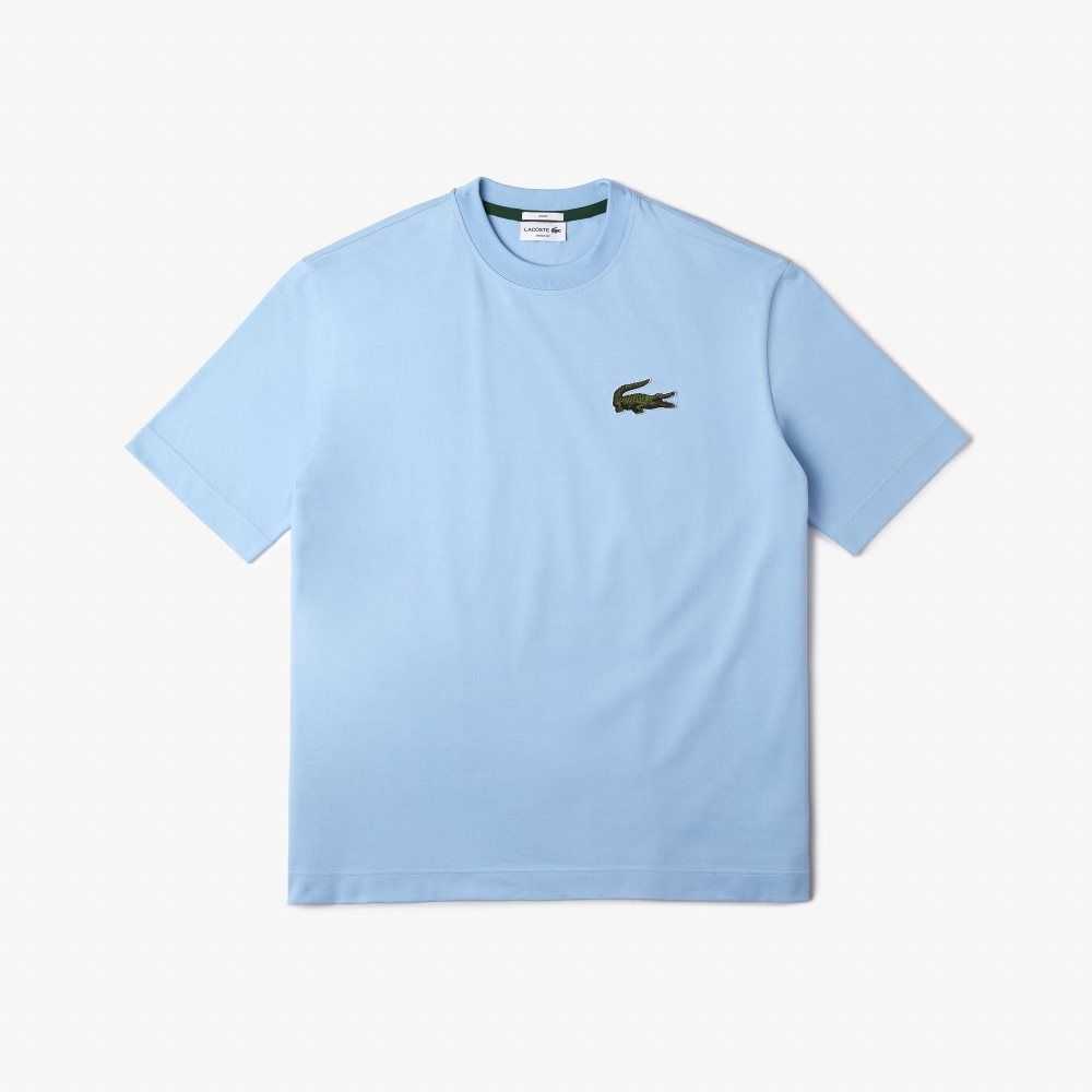 Blue Lacoste Loose Fit Large Crocodile Organic Cotton T-Shirt | RJCWNZ-362