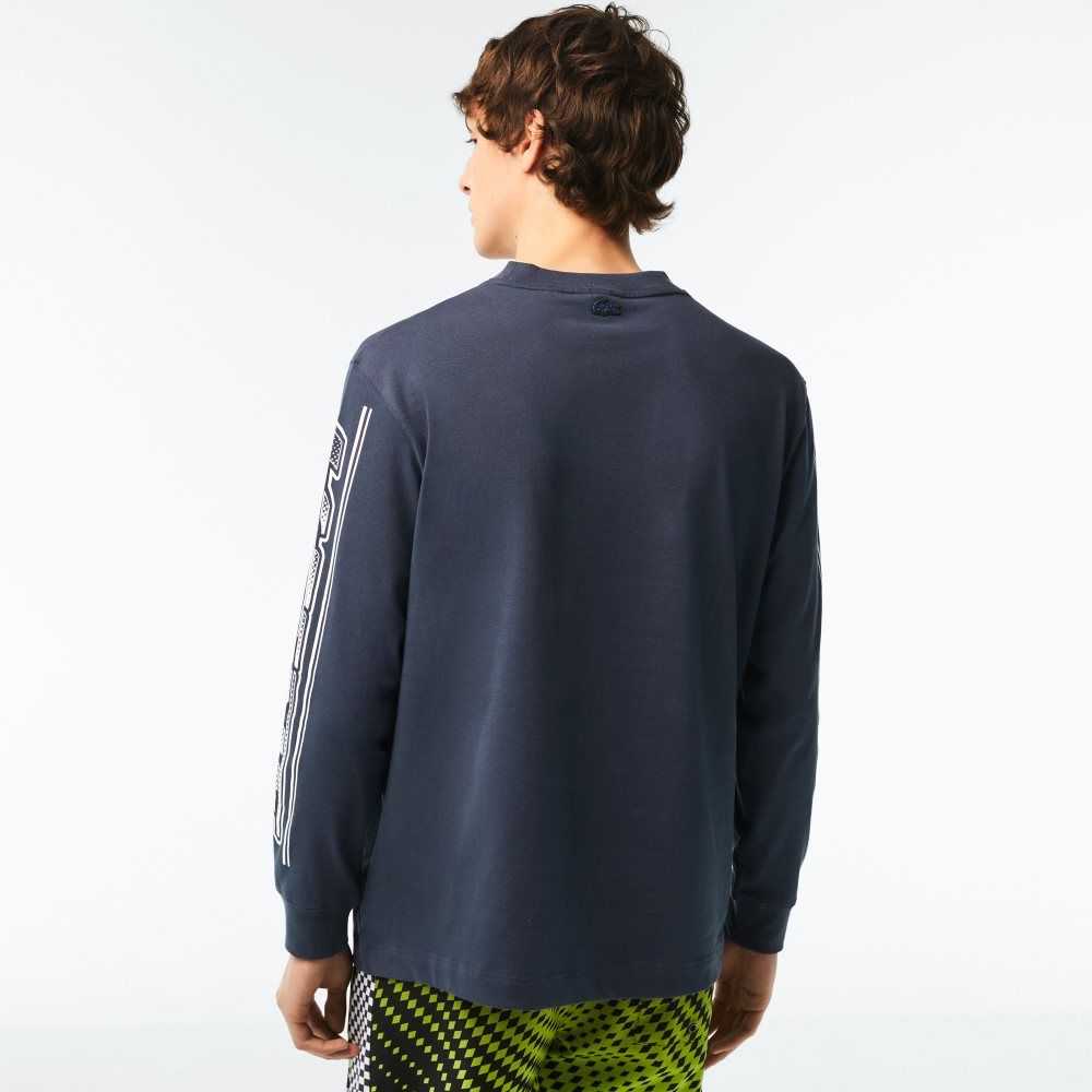 Blue Lacoste Loose Fit Long Sleeve Printed T-Shirt | RCQXWO-013