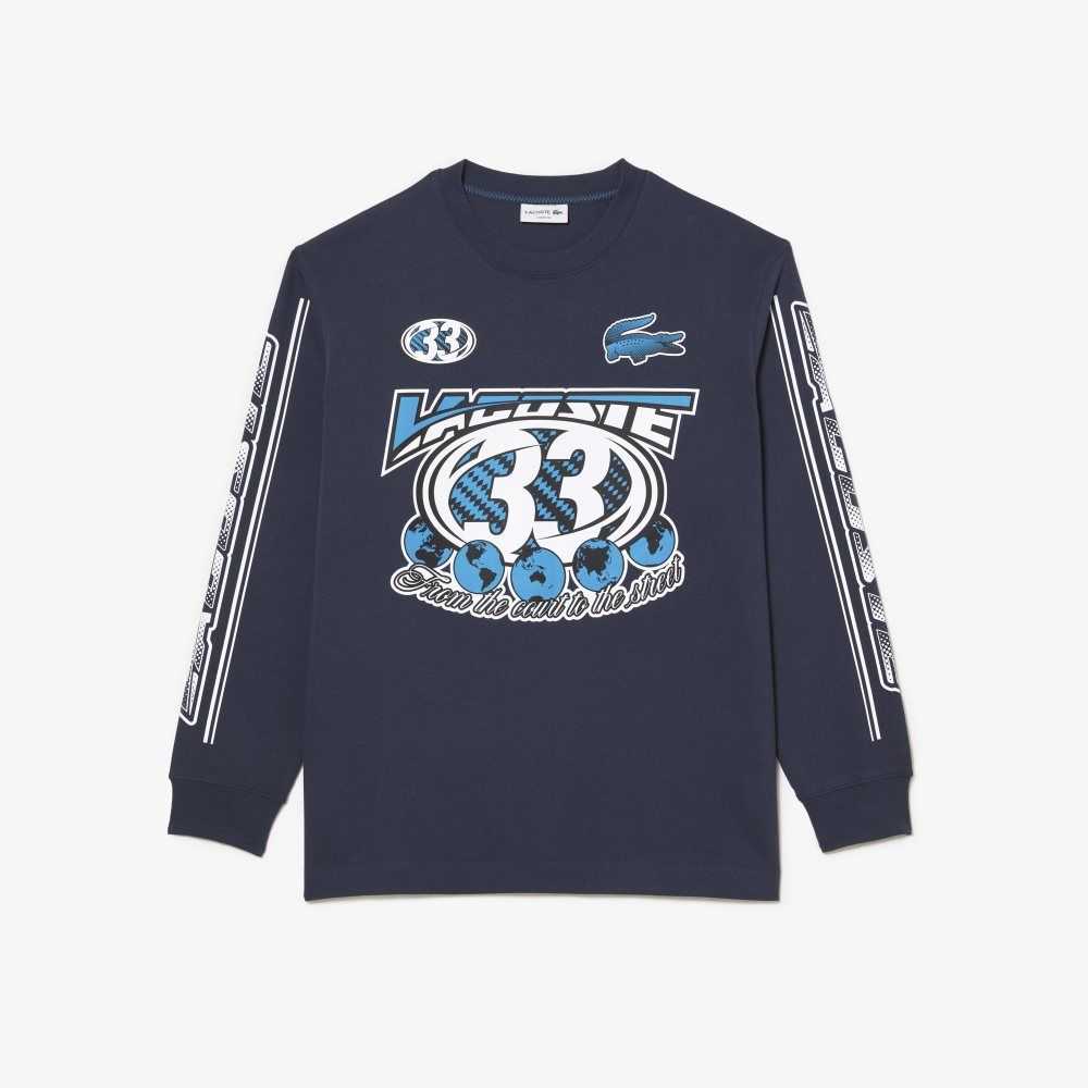 Blue Lacoste Loose Fit Long Sleeve Printed T-Shirt | RCQXWO-013