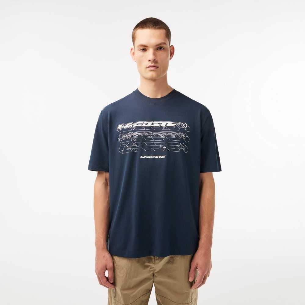 Blue Lacoste Loose Fit Organic Cotton Pique T-Shirt | ZJKMEQ-095