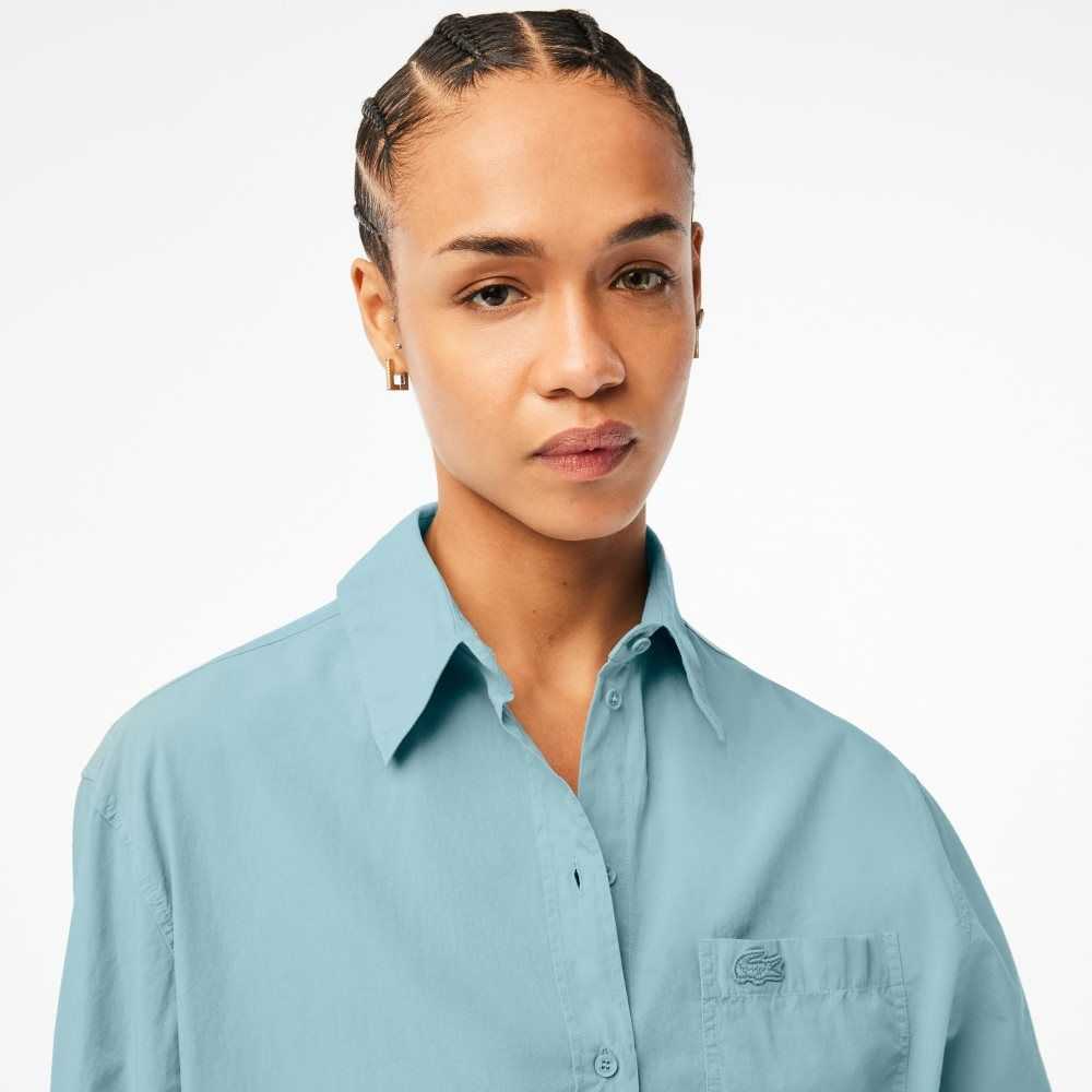 Blue Lacoste Oversized Cotton Poplin Shirt | HAFDKC-951