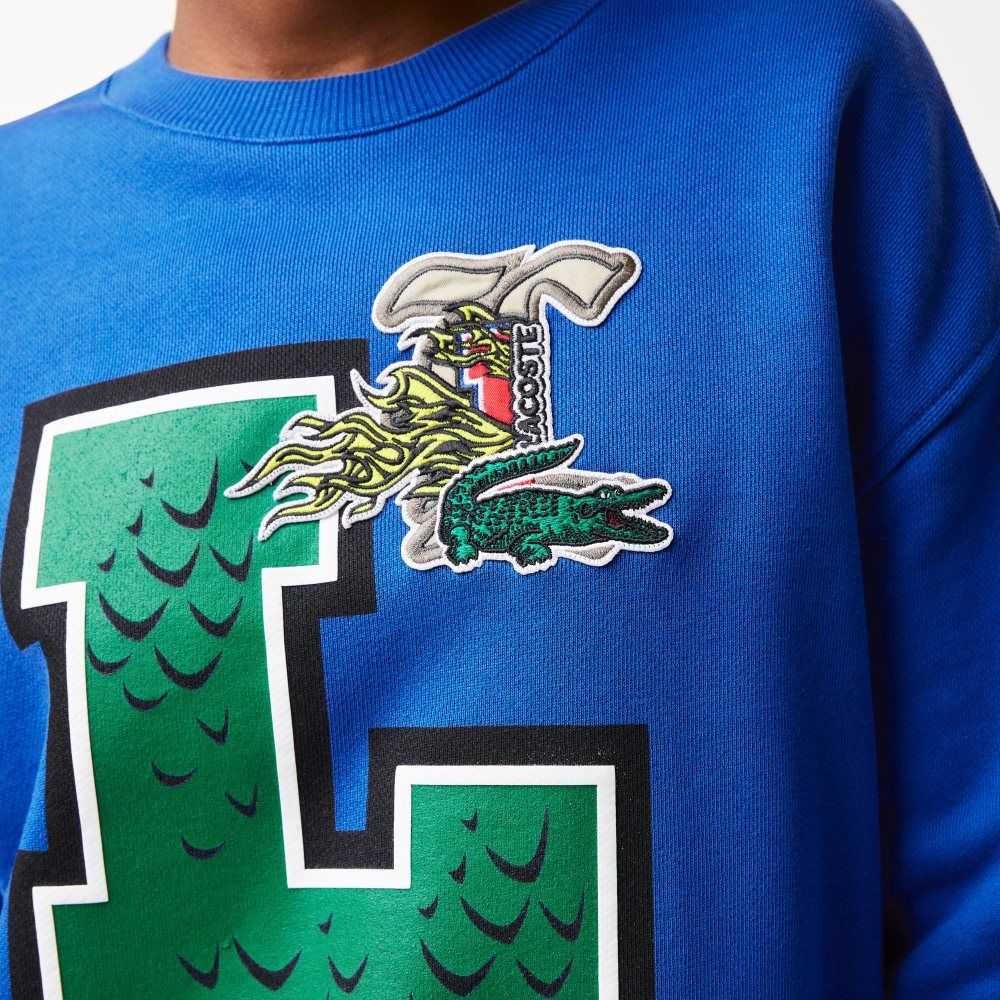 Blue Lacoste Oversized Print And Branded Sweatshirt | MZRWTO-708