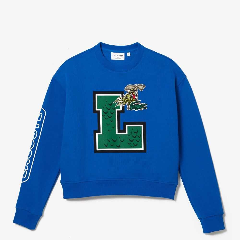 Blue Lacoste Oversized Print And Branded Sweatshirt | MZRWTO-708