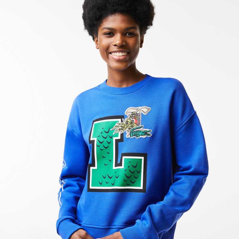 Blue Lacoste Oversized Print And Branded Sweatshirt | MZRWTO-708