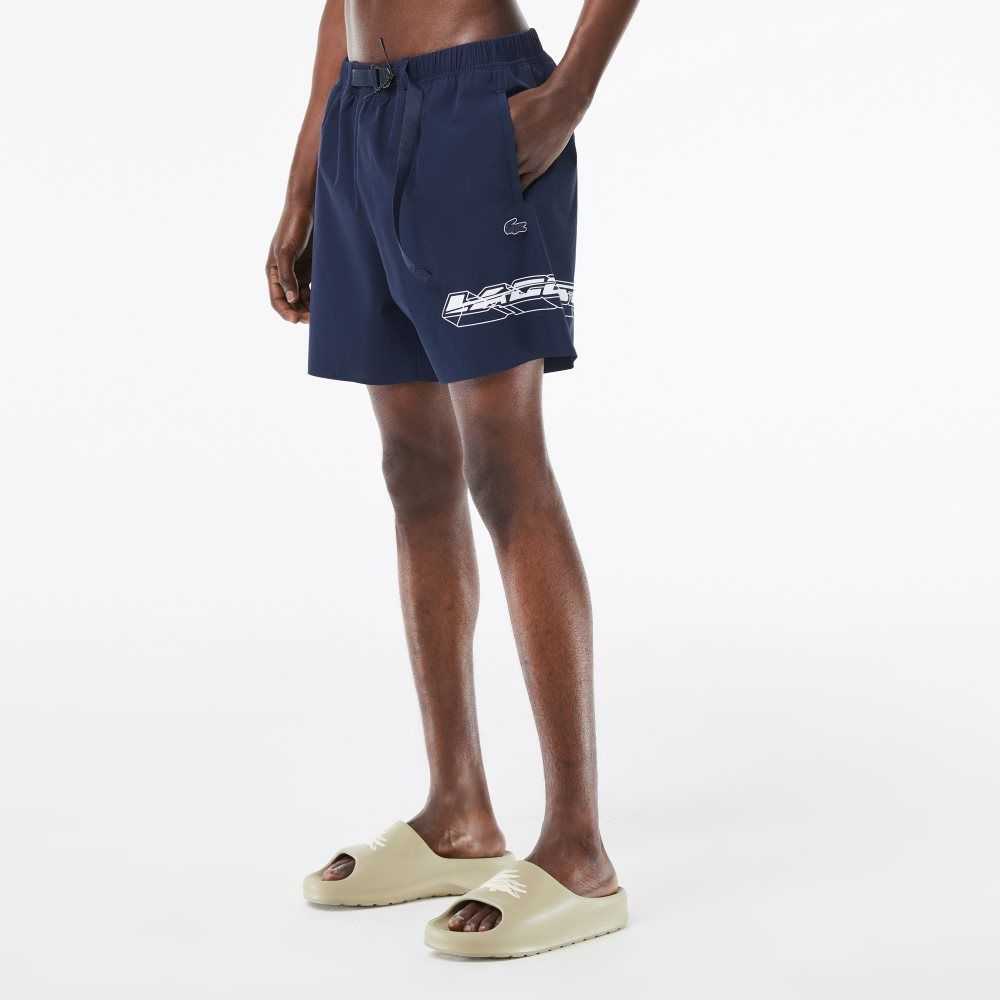 Blue Lacoste Quick-Dry Logo Stripe Swim Trunks | TZLAJX-038