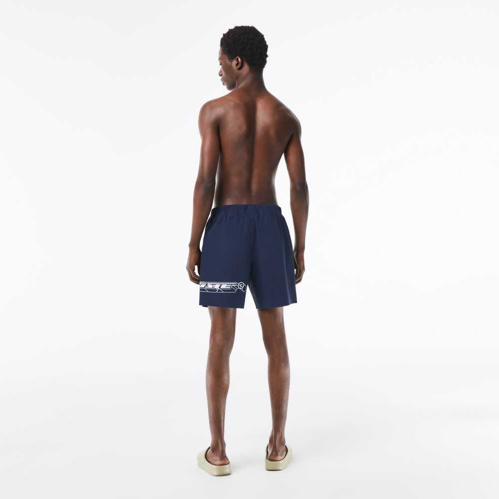 Blue Lacoste Quick-Dry Logo Stripe Swim Trunks | TZLAJX-038