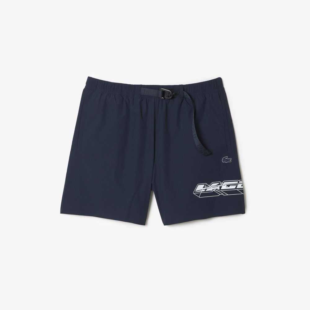 Blue Lacoste Quick-Dry Logo Stripe Swim Trunks | TZLAJX-038