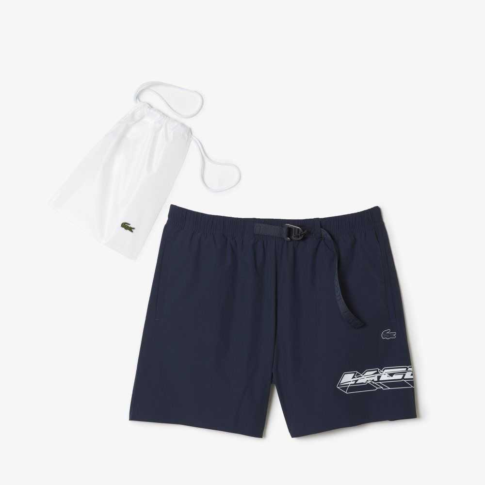 Blue Lacoste Quick-Dry Logo Stripe Swim Trunks | TZLAJX-038