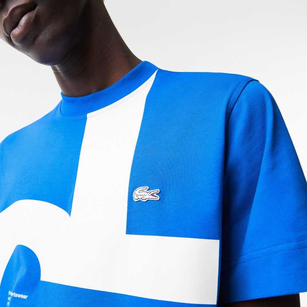 Blue Lacoste Regular Fit Contrast Lettering Cotton T-Shirt | JGSURE-851