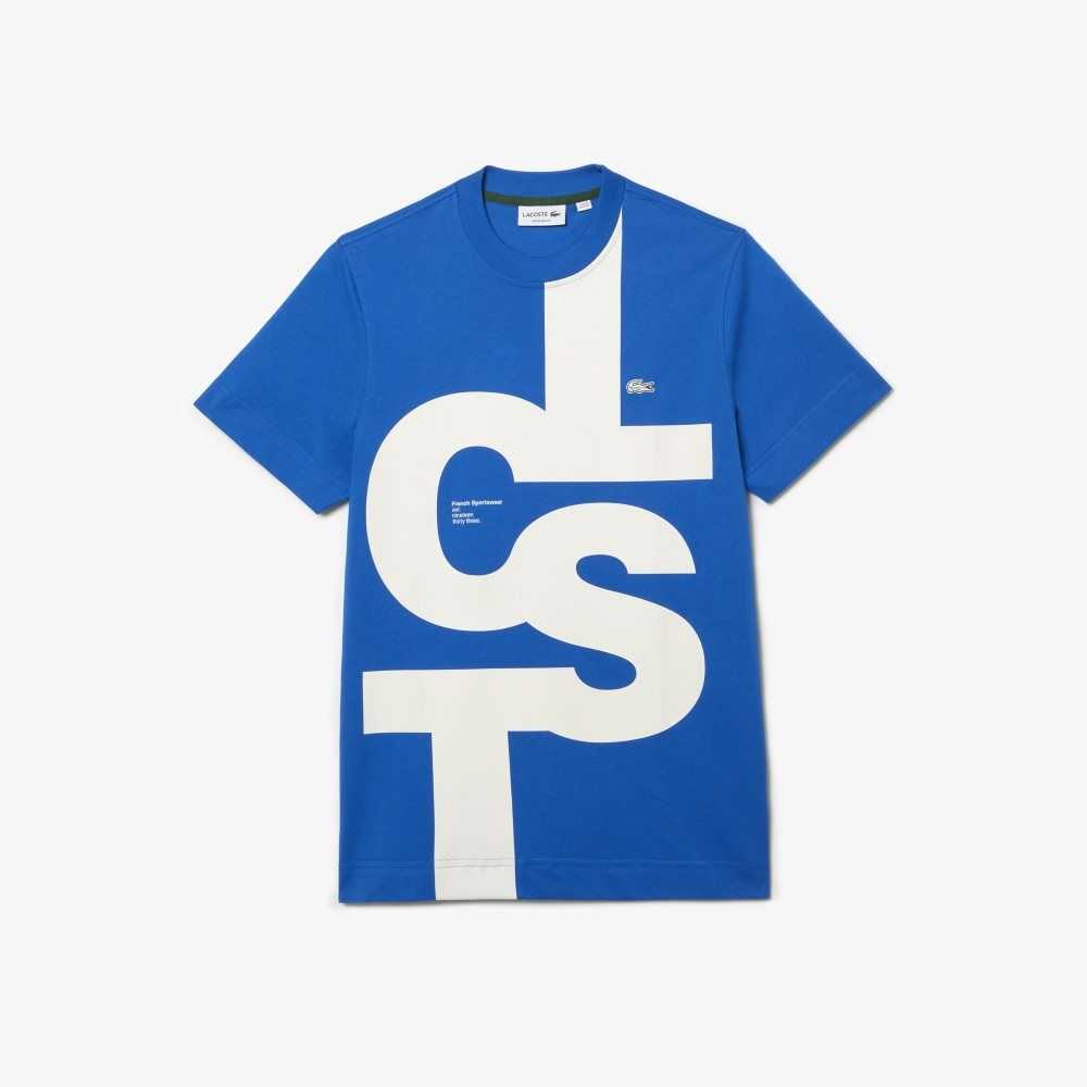 Blue Lacoste Regular Fit Contrast Lettering Cotton T-Shirt | JGSURE-851