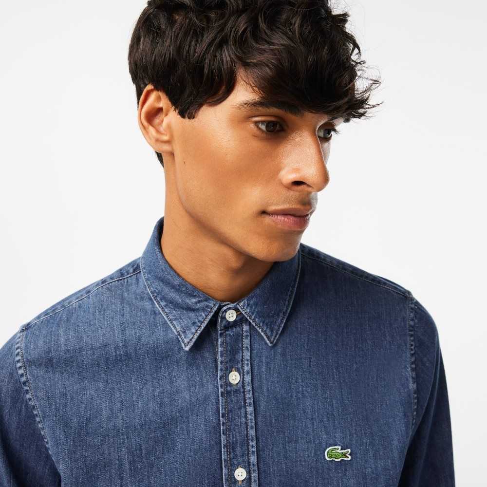 Blue Lacoste Regular Fit Organic Cotton Denim Shirt | RLIUMS-389