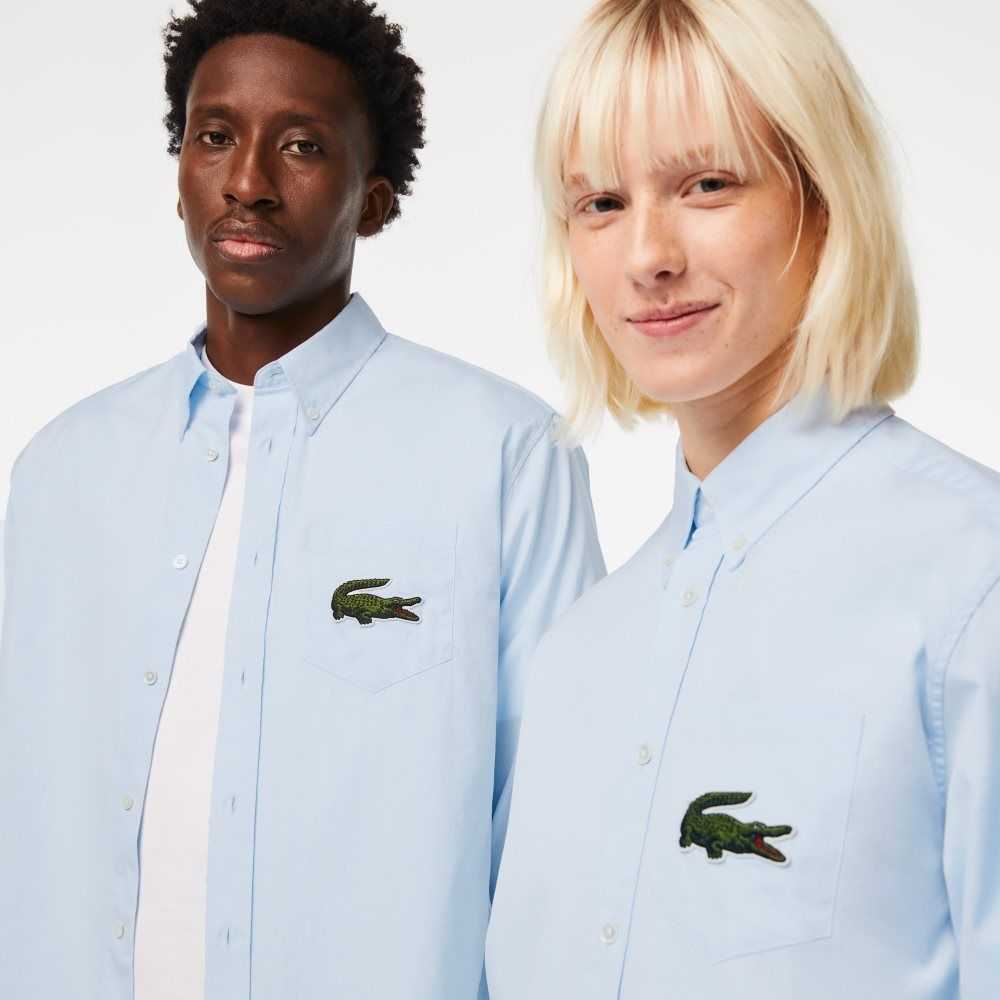 Blue Lacoste Relaxed Fit Large Crocodile Cotton Shirt | LWUEFX-084