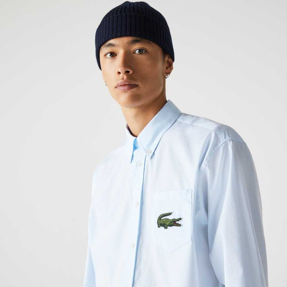 Blue Lacoste Relaxed Fit Large Crocodile Cotton Shirt | LWUEFX-084