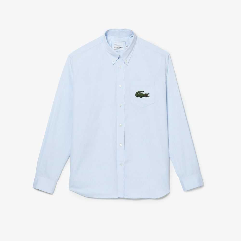 Blue Lacoste Relaxed Fit Large Crocodile Cotton Shirt | LWUEFX-084