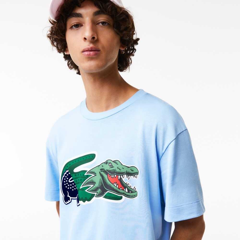 Blue Lacoste Relaxed Fit Oversized Crocodile T-Shirt | WBESGA-265