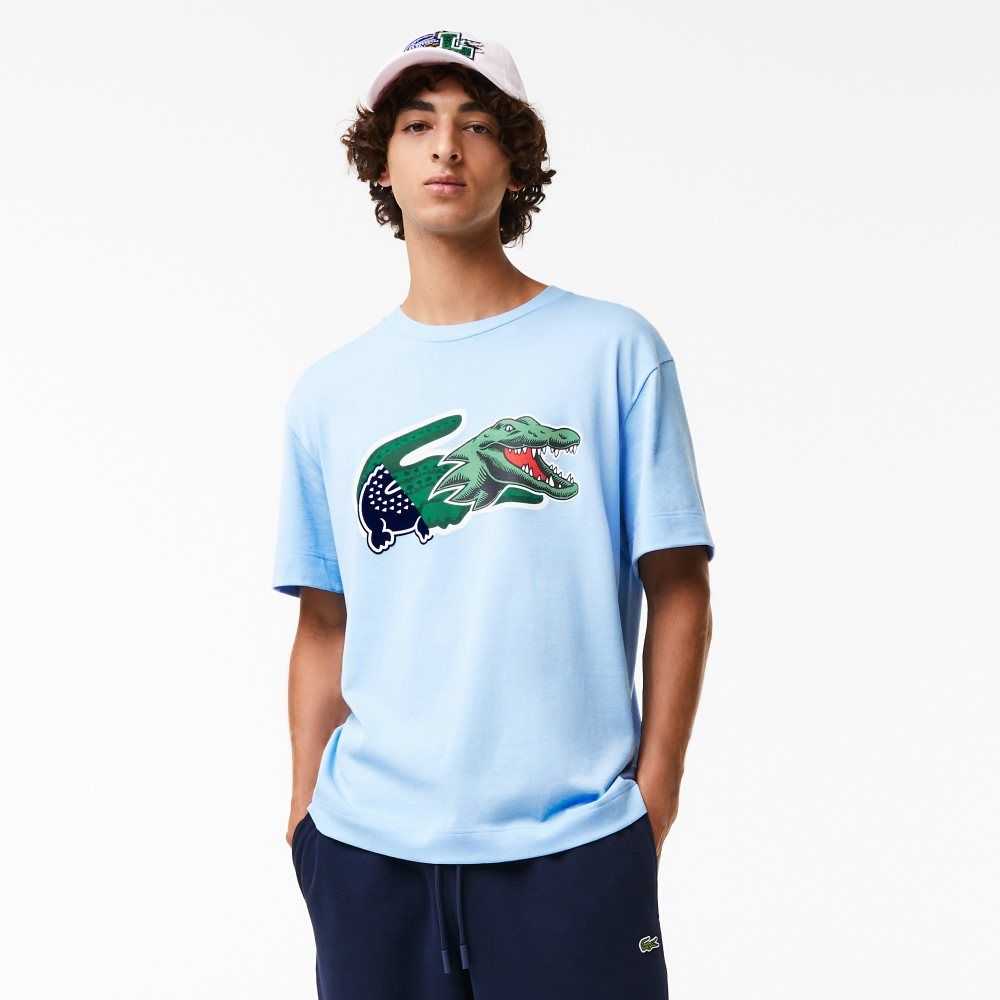 Blue Lacoste Relaxed Fit Oversized Crocodile T-Shirt | WBESGA-265